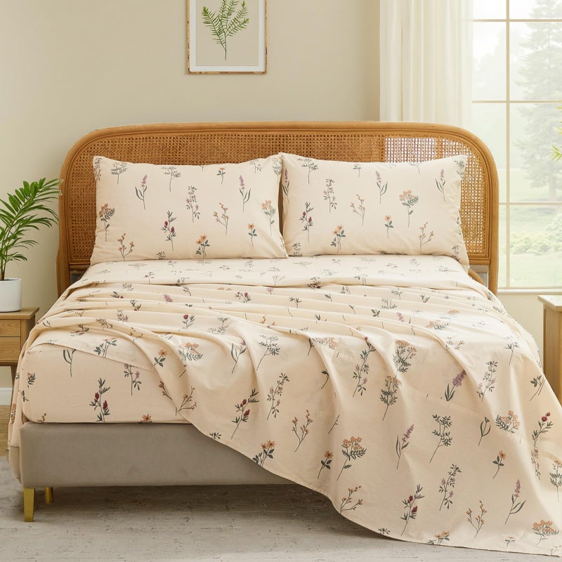 Cozaline Cream Floral Sheets Set Queen Size 100% Cotton, 4 Pieces, Soft & Breathable Percale Weave Bedding, Deep Pocket 17.5", Crisp Cool Feeling, Durable, Perfect Cute Floral Bed Sheet - Image 1