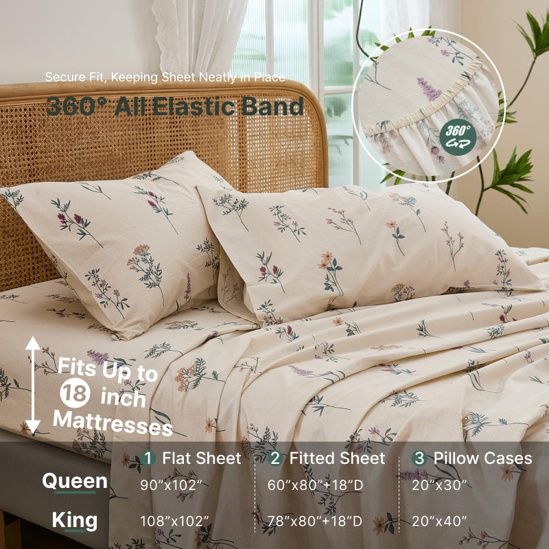Cozaline Cream Floral Sheets Set Queen Size 100% Cotton, 4 Pieces, Soft & Breathable Percale Weave Bedding, Deep Pocket 17.5", Crisp Cool Feeling, Durable, Perfect Cute Floral Bed Sheet - Image 4