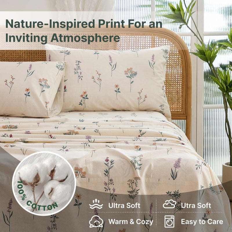 Cozaline Cream Floral Sheets Set Queen Size 100% Cotton, 4 Pieces, Soft & Breathable Percale Weave Bedding, Deep Pocket 17.5", Crisp Cool Feeling, Durable, Perfect Cute Floral Bed Sheet - Image 3