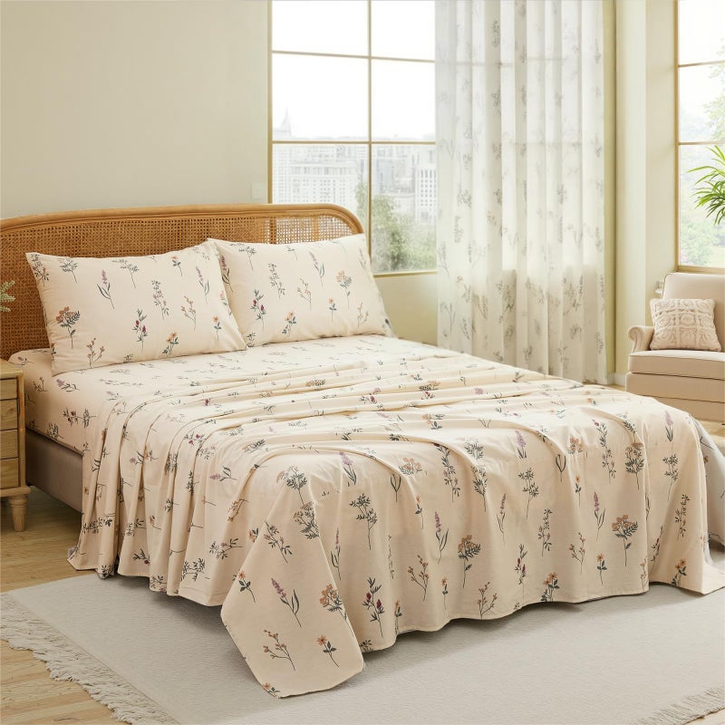 Cozaline Cream Floral Sheets Set Queen Size 100% Cotton, 4 Pieces, Soft & Breathable Percale Weave Bedding, Deep Pocket 17.5", Crisp Cool Feeling, Durable, Perfect Cute Floral Bed Sheet - Image 2