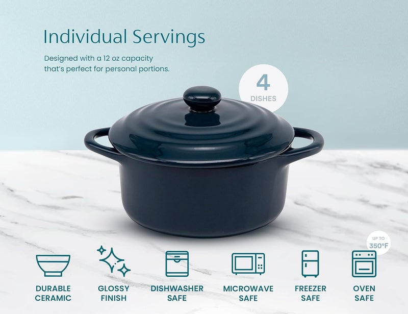 Kook طقم كوك سيراميك ميني كوكوت أطباق كاسرول صغيرة مع أغطية ومقابض أطباق خبز فردية آمنة للاستخدام في الفرن والميكروويف وغسالة الصحون 12 أونصة مجموعة من 4 ألوان بحرية - Image 5