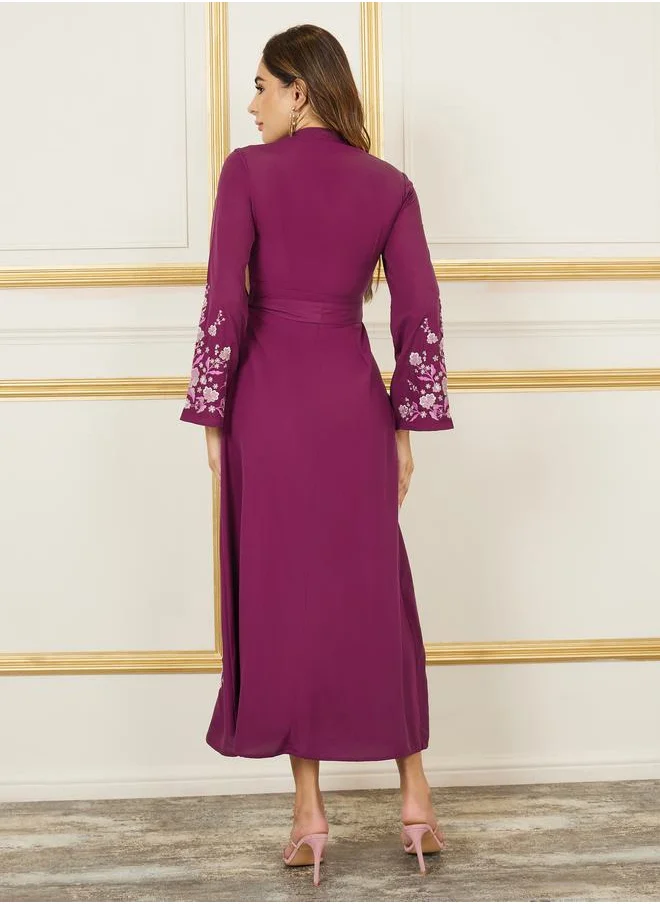 Styli Embroidered Self Tie Up Shift Maxi Dress