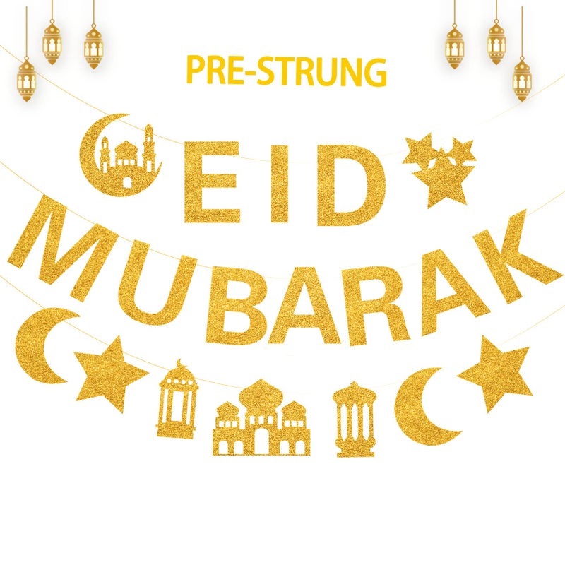 POEWAUVE Glitter Eid Mubarak Banner with Gold Moon Star Eid Hanging for Islam Party Decorations No DIY Required - Image 1