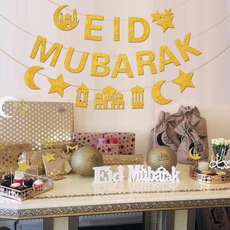 POEWAUVE Glitter Eid Mubarak Banner with Gold Moon Star Eid Hanging for Islam Party Decorations No DIY Required - Image 4
