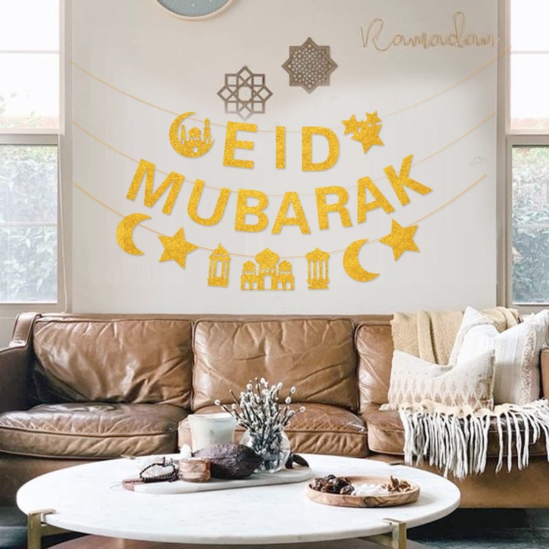 POEWAUVE Glitter Eid Mubarak Banner with Gold Moon Star Eid Hanging for Islam Party Decorations No DIY Required - Image 3