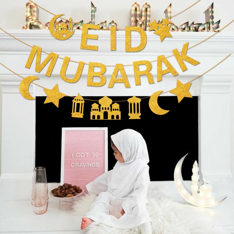 POEWAUVE Glitter Eid Mubarak Banner with Gold Moon Star Eid Hanging for Islam Party Decorations No DIY Required - Image 5