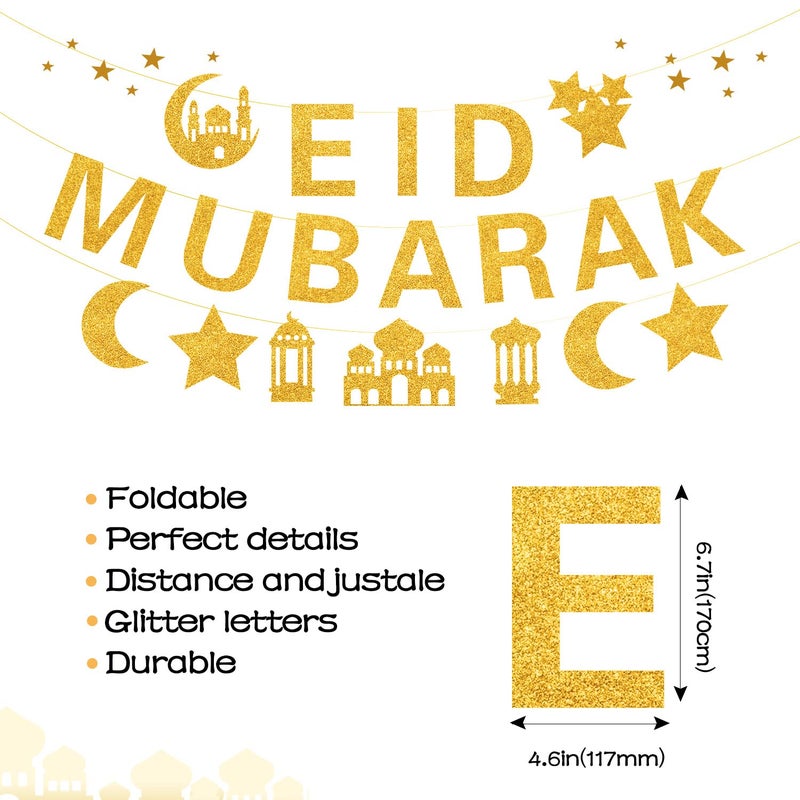 POEWAUVE Glitter Eid Mubarak Banner with Gold Moon Star Eid Hanging for Islam Party Decorations No DIY Required - Image 2