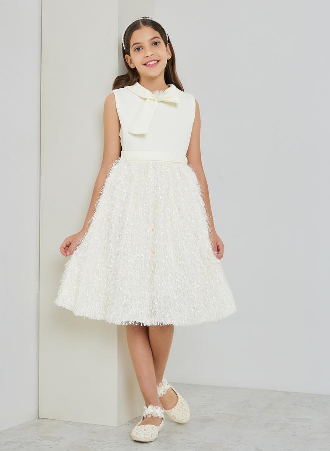 Styli Girls Cream Textured Fringed Detail Dress - Image 2