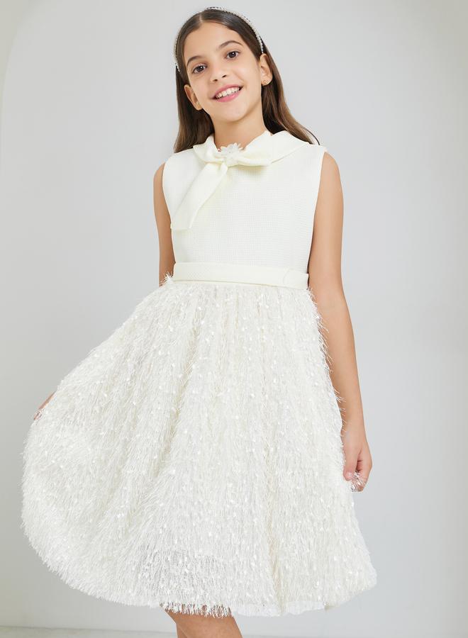 Styli Girls Cream Textured Fringed Detail Dress - Image 1