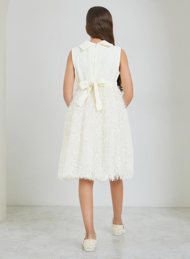 Styli Girls Cream Textured Fringed Detail Dress - Image 3