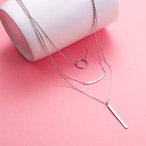 JZMSJF Layered Necklace S925 Sterling Silver 3 Multi layer Boho Necklace with Circle Bar CZ Pendant Chic Fashion Gift for Women Wife Girlfriend - Image 5