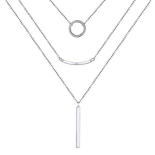 JZMSJF Layered Necklace S925 Sterling Silver 3 Multi layer Boho Necklace with Circle Bar CZ Pendant Chic Fashion Gift for Women Wife Girlfriend - Image 1