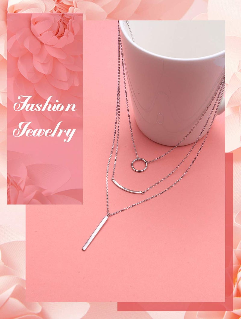 JZMSJF Layered Necklace S925 Sterling Silver 3 Multi layer Boho Necklace with Circle Bar CZ Pendant Chic Fashion Gift for Women Wife Girlfriend - Image 4