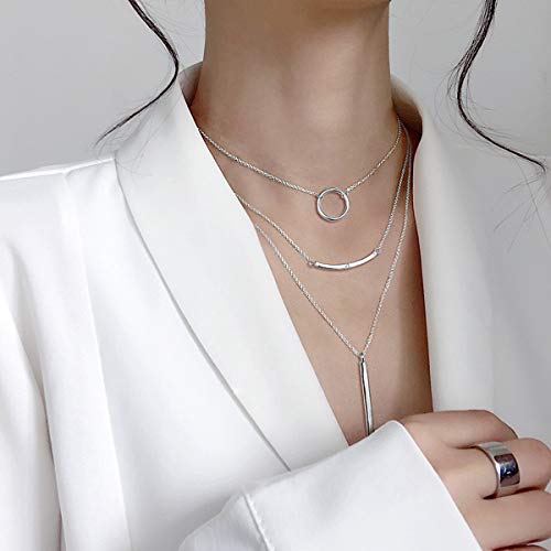 JZMSJF Layered Necklace S925 Sterling Silver 3 Multi layer Boho Necklace with Circle Bar CZ Pendant Chic Fashion Gift for Women Wife Girlfriend - Image 2