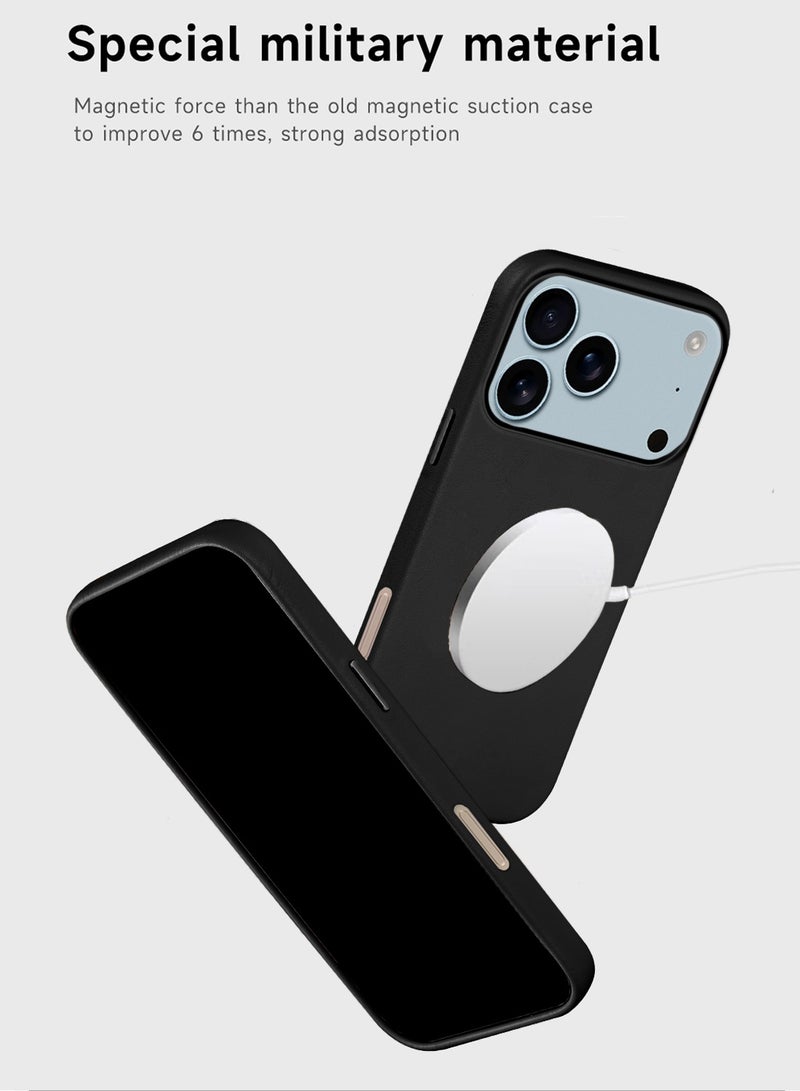 Wtech Apple iPhone 17 Pro 5G 2025 Luxury Leather Magnetic Wireless Charging Case Original MagSafe Shockproof Case Cover (MCMPMN) - Black - Image 3