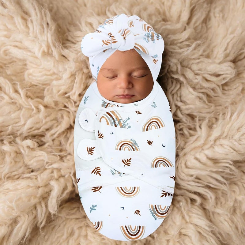 Cinaci 2 Pack Soft Cotton Baby Receiving Swaddle Blankets Wraps Sleep Sacks with Matching Bow Newborn Nursery Bow Hats Caps Beanies Bonnets for Baby Girls Boys Newborns Infants (Multicolor S2) - Image 3