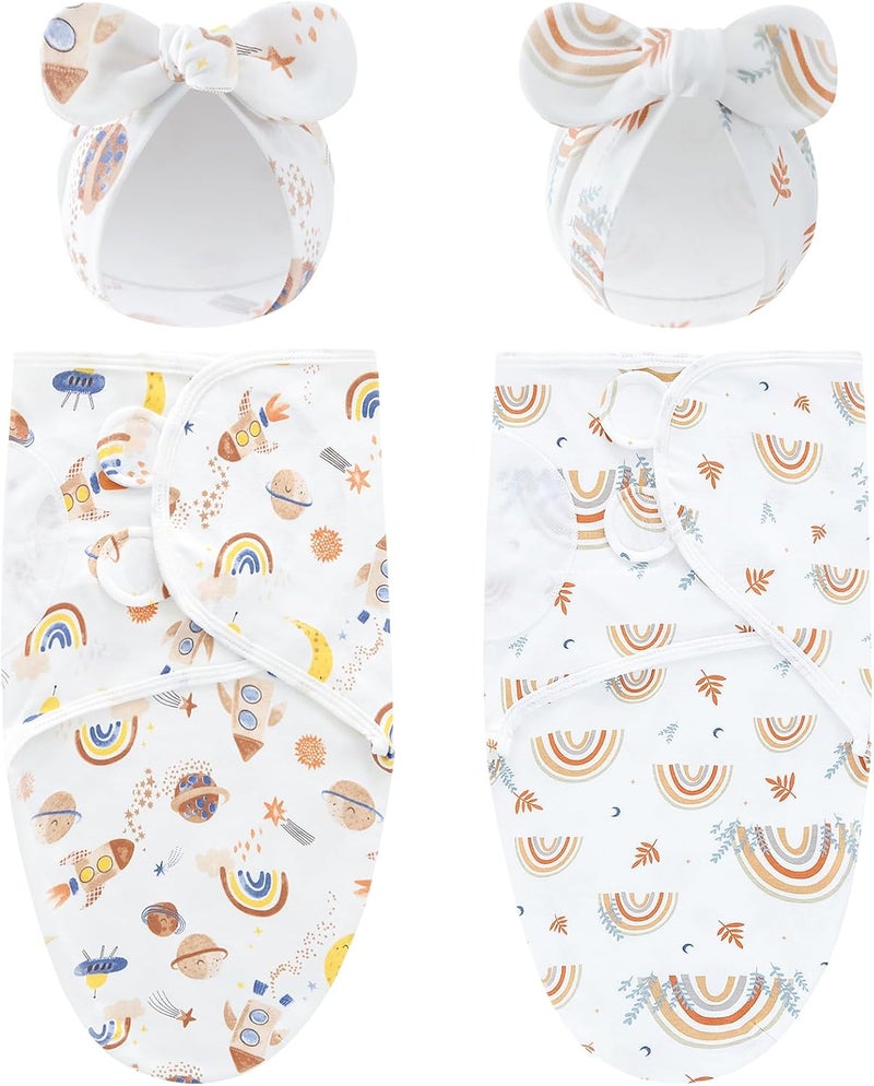 Cinaci 2 Pack Soft Cotton Baby Receiving Swaddle Blankets Wraps Sleep Sacks with Matching Bow Newborn Nursery Bow Hats Caps Beanies Bonnets for Baby Girls Boys Newborns Infants (Multicolor S2) - Image 1