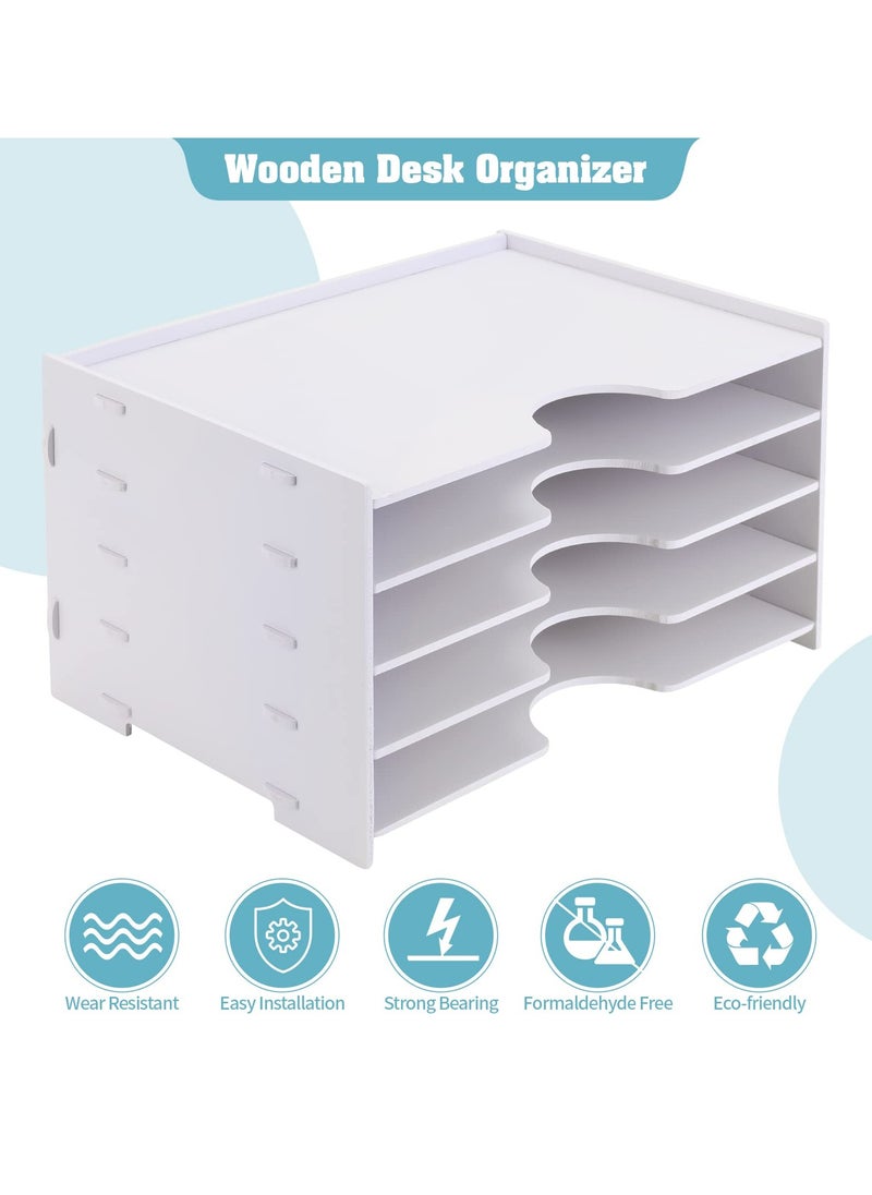 Kidle - Desktop Paper Organizer Tray 4 Tier,Desk File Paper Sorter Tray Wooden Document Mail Letter Storage Tray White File Tray Rack for Office School Home Magazine Scrapbook Paper Folders - Image 1