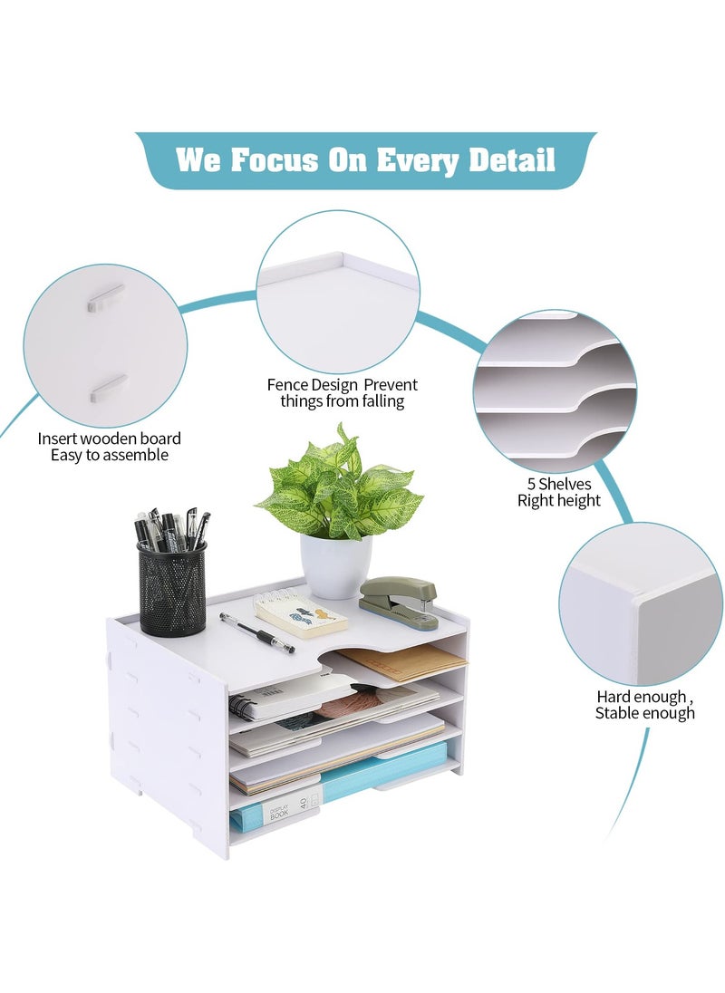 Kidle - Desktop Paper Organizer Tray 4 Tier,Desk File Paper Sorter Tray Wooden Document Mail Letter Storage Tray White File Tray Rack for Office School Home Magazine Scrapbook Paper Folders - Image 1