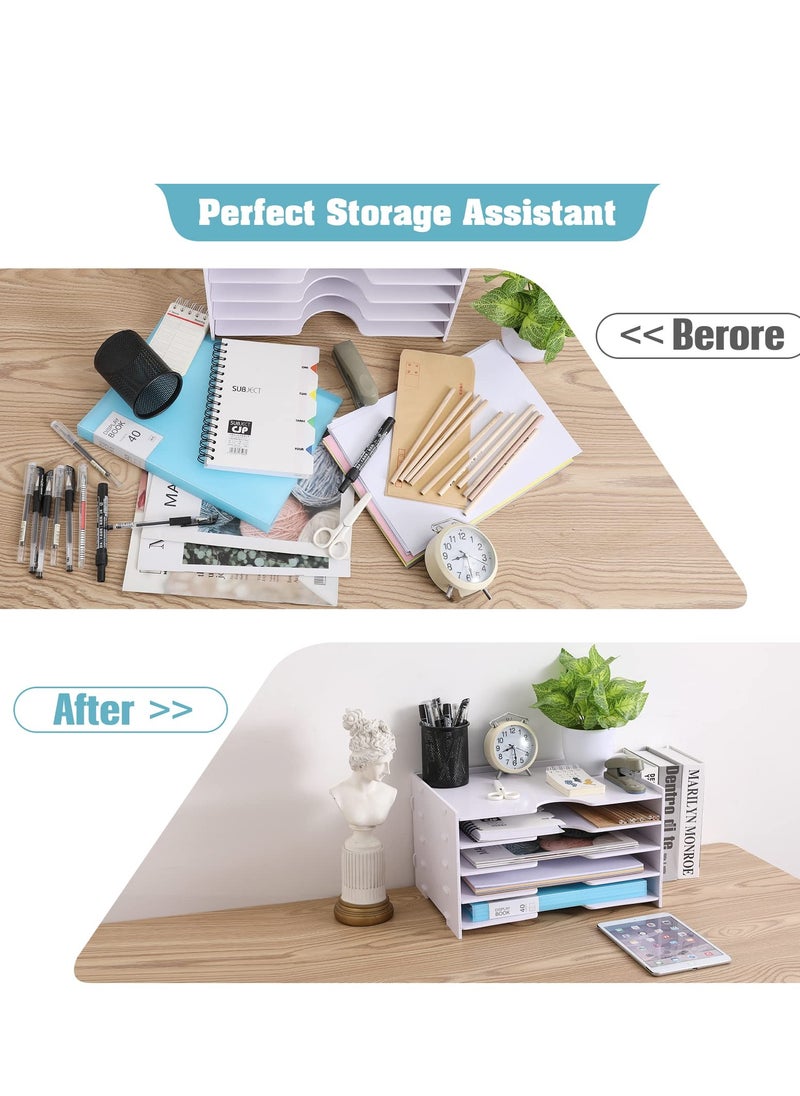 Kidle - Desktop Paper Organizer Tray 4 Tier,Desk File Paper Sorter Tray Wooden Document Mail Letter Storage Tray White File Tray Rack for Office School Home Magazine Scrapbook Paper Folders - Image 1