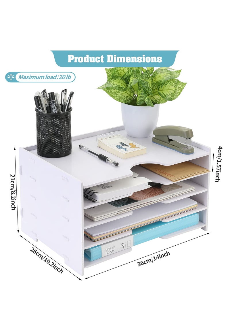 Kidle - Desktop Paper Organizer Tray 4 Tier,Desk File Paper Sorter Tray Wooden Document Mail Letter Storage Tray White File Tray Rack for Office School Home Magazine Scrapbook Paper Folders - Image 1