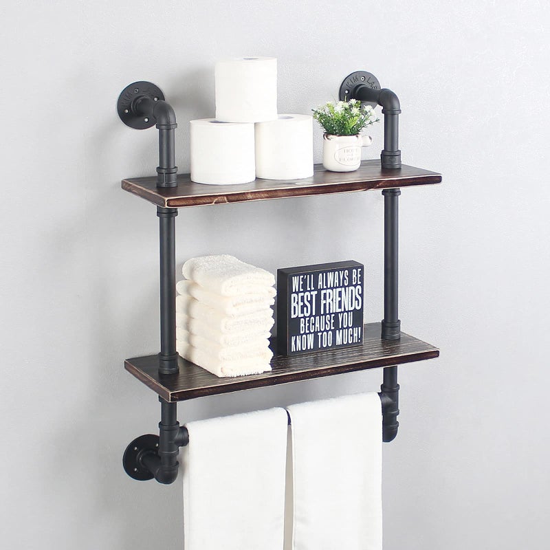 MBQQ Industrial Pipe Shelf Bathroom Shelves Wall Mounted196in Rustic Wood Shelf with Towel Bar2 Tier Farmhouse Towel Rack Over ToiletPipe Shelving Floating Shelves Towel HolderRetro Black 