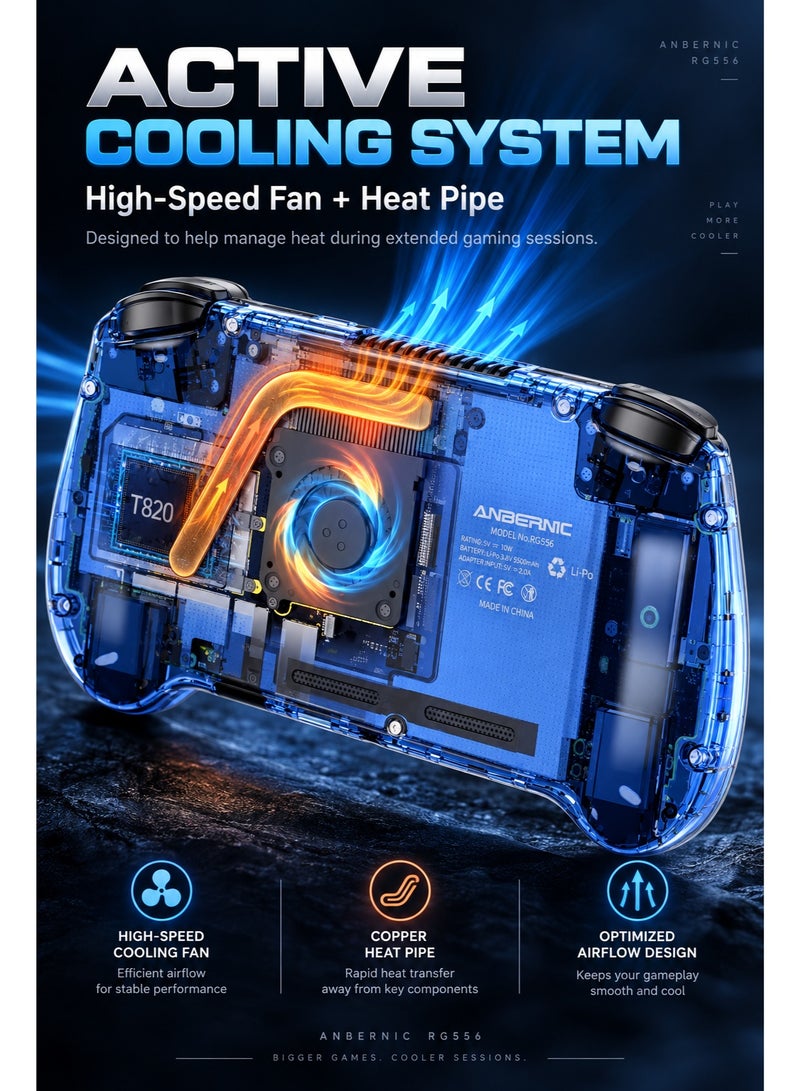 ANBERNIC RG556 Android Handheld Game Console, 5.48-Inch AMOLED 1080P Touch Screen, Unisoc T820, 8GB+128GB, Hall Joysticks & Triggers, Active Cooling, Transparent Blue - Image 5