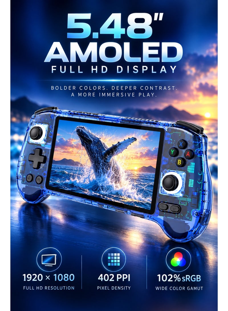 ANBERNIC RG556 Android Handheld Game Console, 5.48-Inch AMOLED 1080P Touch Screen, Unisoc T820, 8GB+128GB, Hall Joysticks & Triggers, Active Cooling, Transparent Blue - Image 2