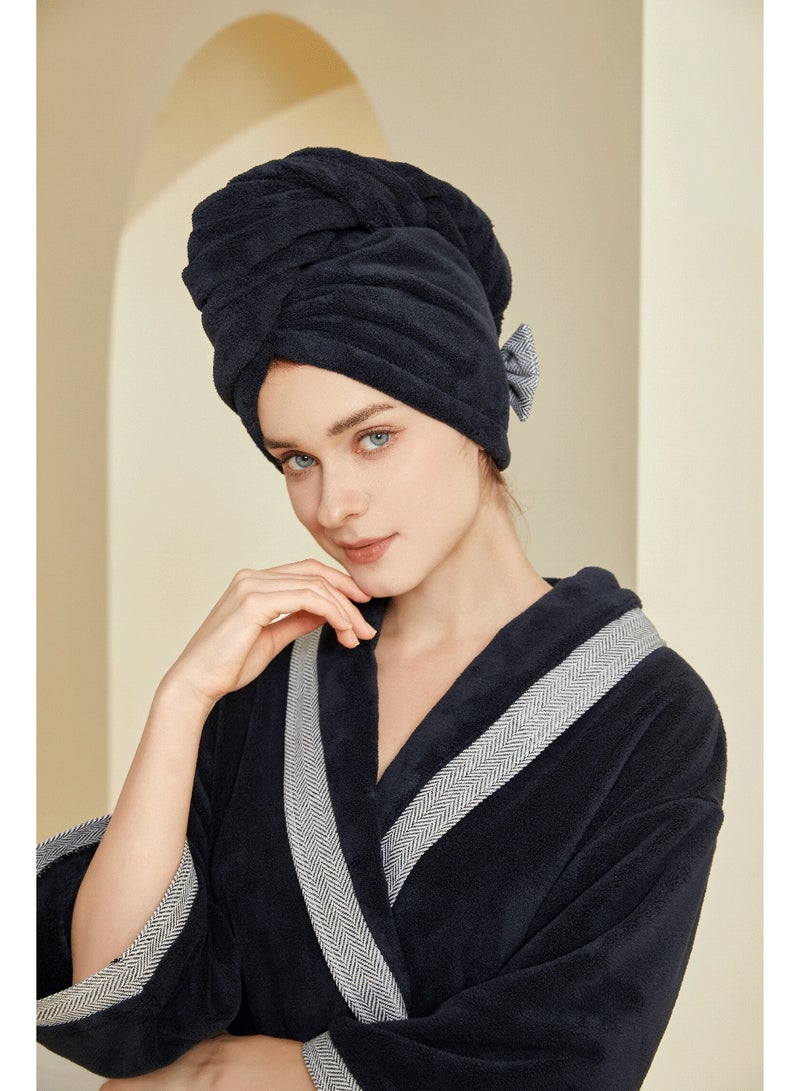 ريفي غطاء شعر أسود ملكي مقاس XL – منشفة شعر ناعمة وممتصة بتصميم فيونكة للنساء - Image 3