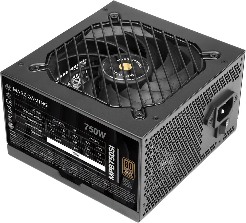 MARS GAMING MARSGAMING MPB750SI, ATX Power Supply for PC 750W, 7 Years Warranty, 80Plus Bronze 230V, 90% Efficiency, SI Extreme Silence Fan with Copper Core, AI2-RPM, DC-DC and SMD Technologies, Black - Image 1