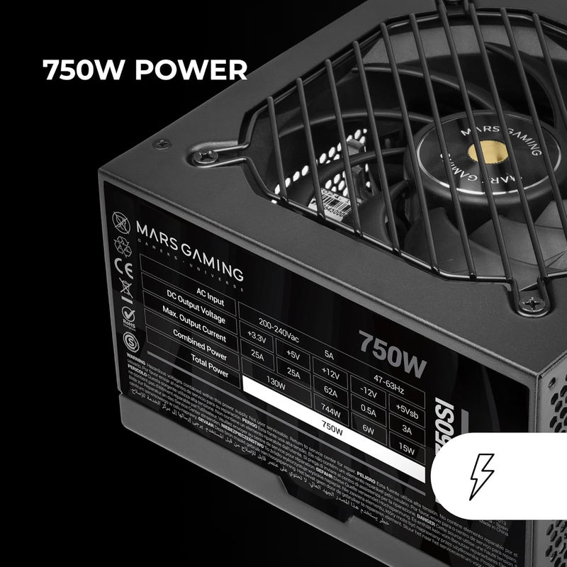 MARS GAMING MARSGAMING MPB750SI, ATX Power Supply for PC 750W, 7 Years Warranty, 80Plus Bronze 230V, 90% Efficiency, SI Extreme Silence Fan with Copper Core, AI2-RPM, DC-DC and SMD Technologies, Black - Image 4
