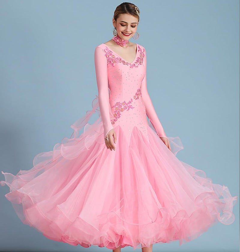 ORIDOOR Flash Rhinestone Ballroom Dance Waltz Tango Standard Competition Dance Dress 03-Sakura Pink Large - Image 2