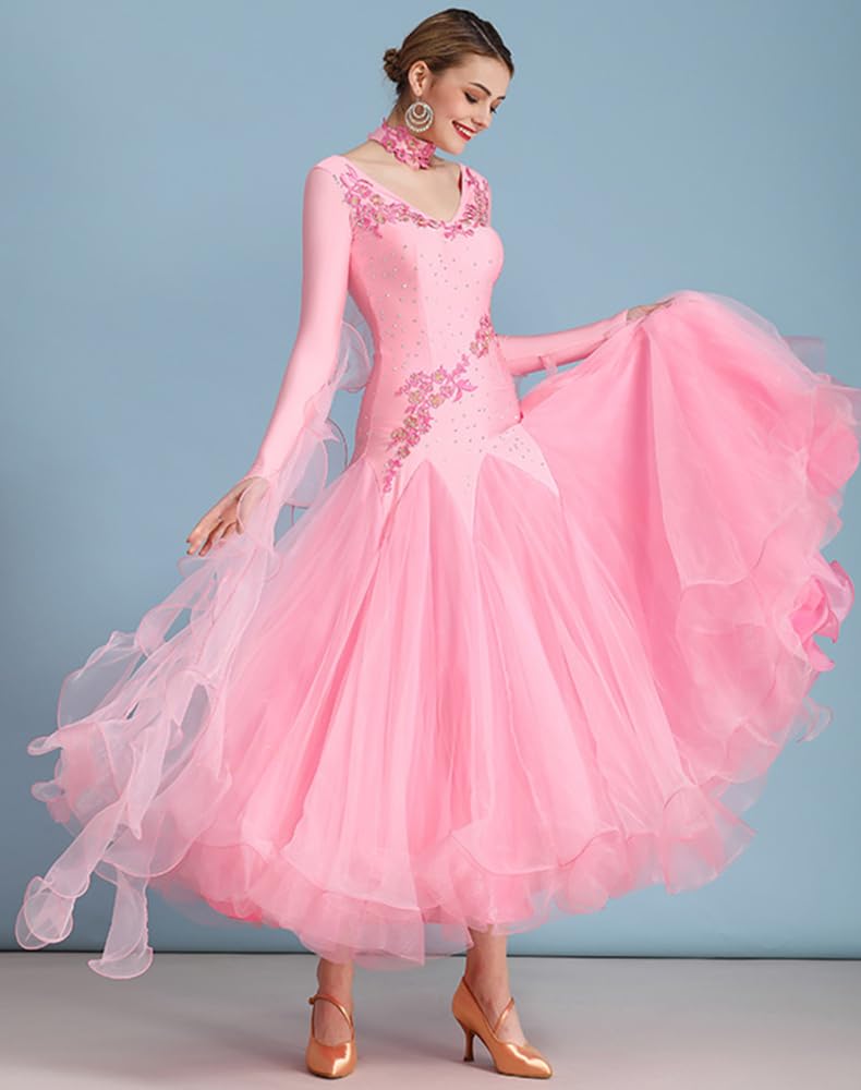 ORIDOOR Flash Rhinestone Ballroom Dance Waltz Tango Standard Competition Dance Dress 03-Sakura Pink Large - Image 3
