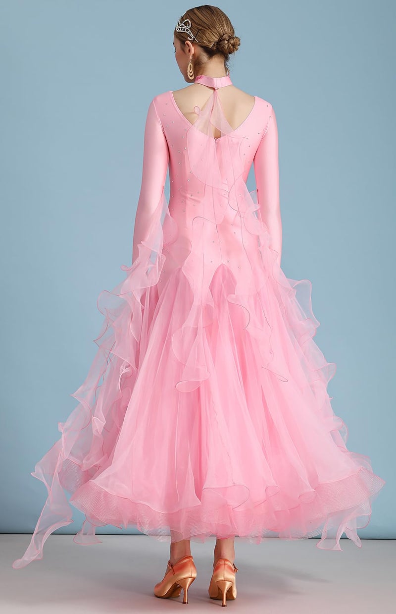 ORIDOOR Flash Rhinestone Ballroom Dance Waltz Tango Standard Competition Dance Dress 03-Sakura Pink Large - Image 4