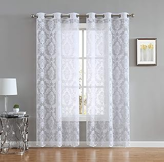 LinenZone Lisa Knitted Lace Curtain Medallion Design with Scalloped Bottom - Total Size 76 Inch Wide (38 Inch Each - Image 1