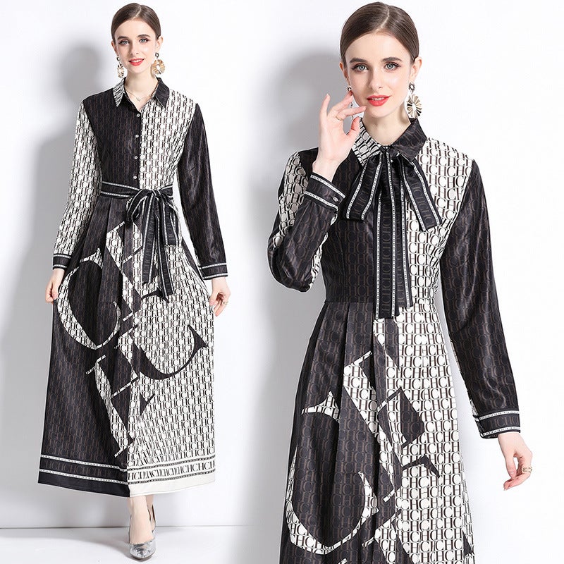 Spring and Autumn New Long Sleeve Printed A- Line Skirt Tight Waist Slimming Elegant Fashion Shirt Sleeve European and American Womens Dress Picture Color