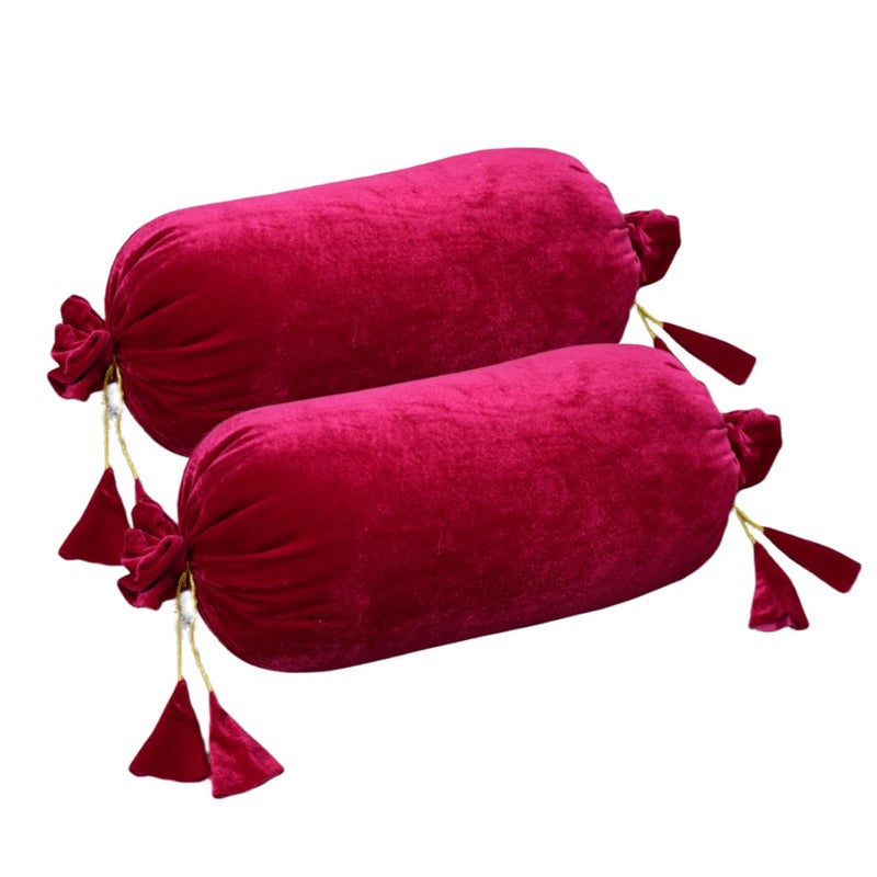 Dulhan Creations Soft and Bright Solid Color Velvet Bolster Covers Set of 2 16 x 32 Wrinkle Free Bed Side Long Decorative Round Pillow Cover Cerise Pink Masand Khol for Living Room Diwan Set - Image 1