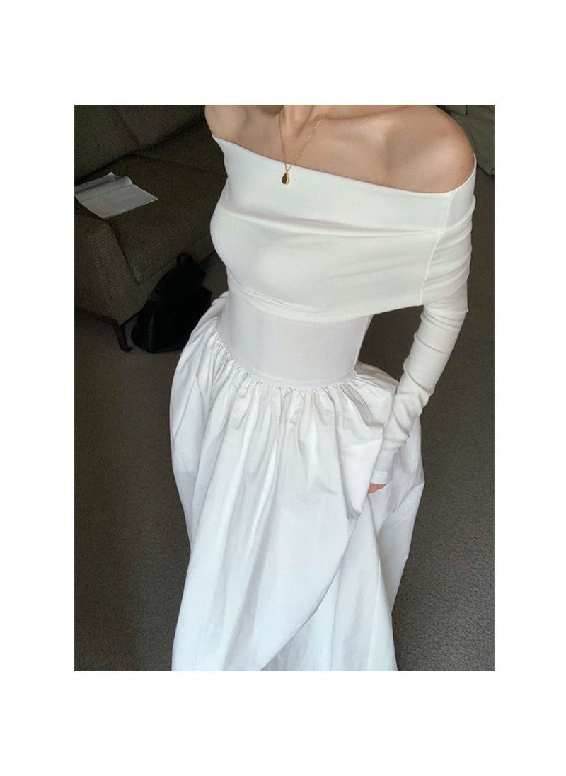 Generic Vintage Black Off-Shoulder Dress Womens Autumn/Winter Base Layer Long Dress Waist-Fitted Elegant Gentle Style A- Line Skirt White  - Image 1