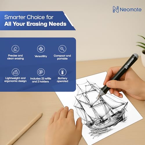 Neomate Slim Battery-Operated Automatic Eraser | Includes 22 Refills and 2 Eraser Holders | Portable Electric Eraser for Precision Drawing & Sketching (Batteries Not Included) - Image 3