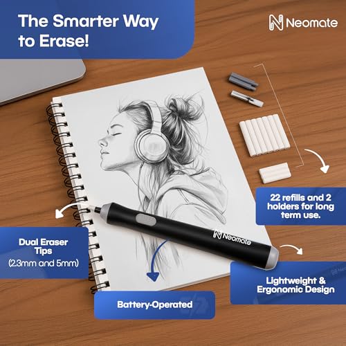 Neomate Slim Battery-Operated Automatic Eraser | Includes 22 Refills and 2 Eraser Holders | Portable Electric Eraser for Precision Drawing & Sketching (Batteries Not Included) - Image 2