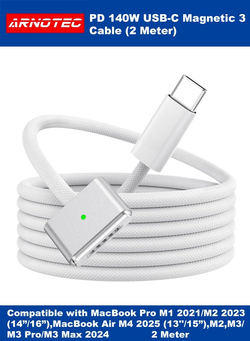 ARNOTEC USB C to Magnetic 3 Cable 140W PD Fast Charging, 2M Nylon Braided Magnetic USB-C Charger Cable with LED Indicator, Compatible with MacBook Pro M1/M2/M3/M4 (14"/16"), MacBook Air (13"/15") 2021-2025