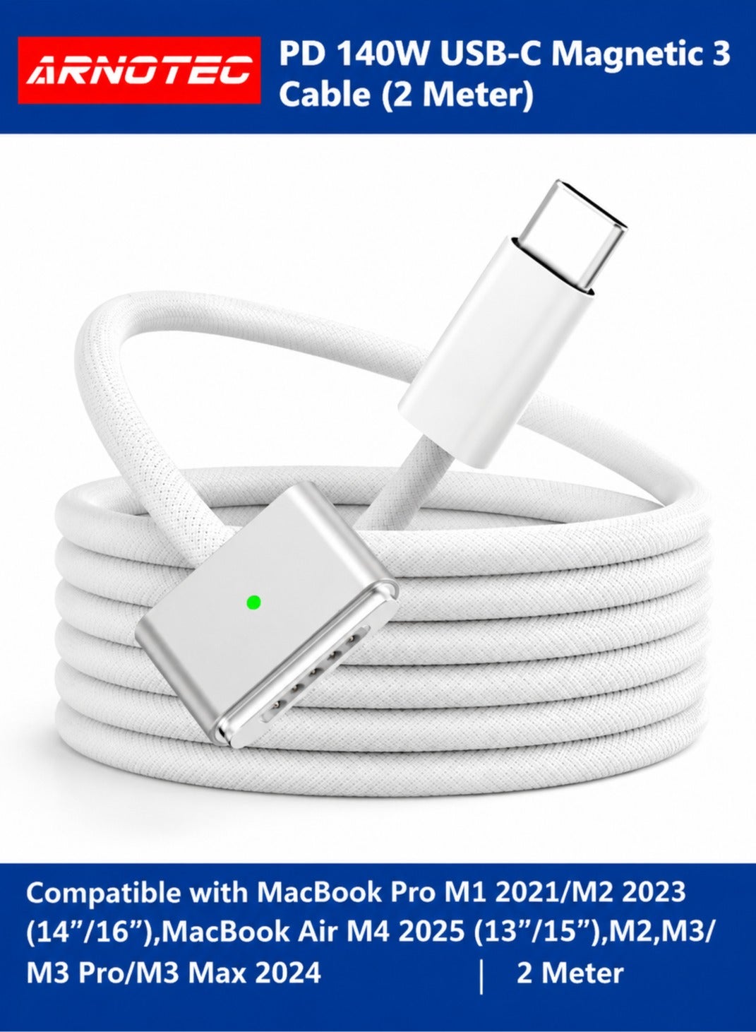USB C to Magnetic 3 Cable 140W PD Fast Charging, 2M Nylon Braided Magnetic USB-C Charger Cable with LED Indicator, Compatible with MacBook Pro M1/M2/M3/M4 (14"/16"), MacBook Air (13"/15") 2021-2025