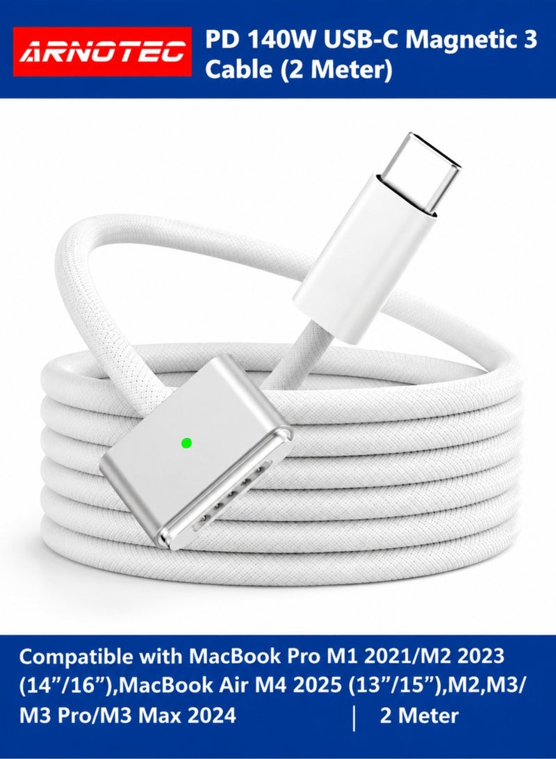 ARNOTEC كابل USB C إلى مغناطيسي 3 شحن سريع 140 واط PD، كابل شاحن USB-C مغناطيسي بطول 2 متر مع مؤشر LED، متوافق مع MacBook Pro M1/M2/M3/M4 (14"/16"), MacBook Air (13"/15") 2021-2025 - Image 1