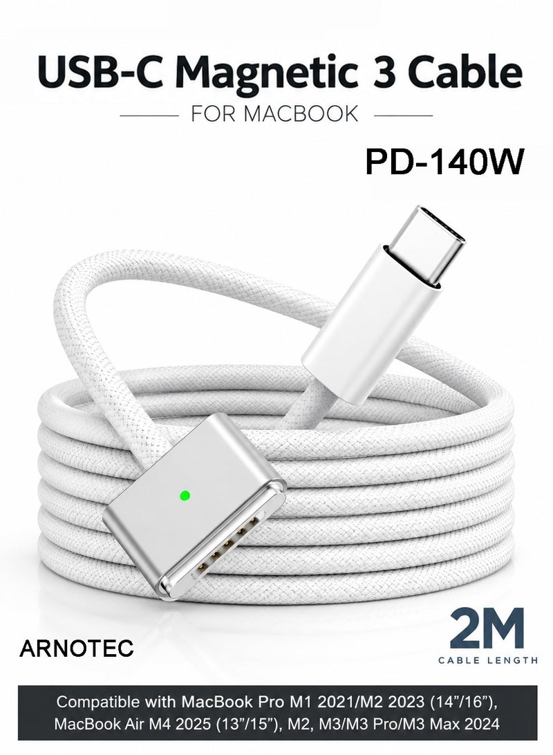 ARNOTEC كابل USB C إلى مغناطيسي 3 شحن سريع 140 واط PD، كابل شاحن USB-C مغناطيسي بطول 2 متر مع مؤشر LED، متوافق مع MacBook Pro M1/M2/M3/M4 (14"/16"), MacBook Air (13"/15") 2021-2025 - Image 1