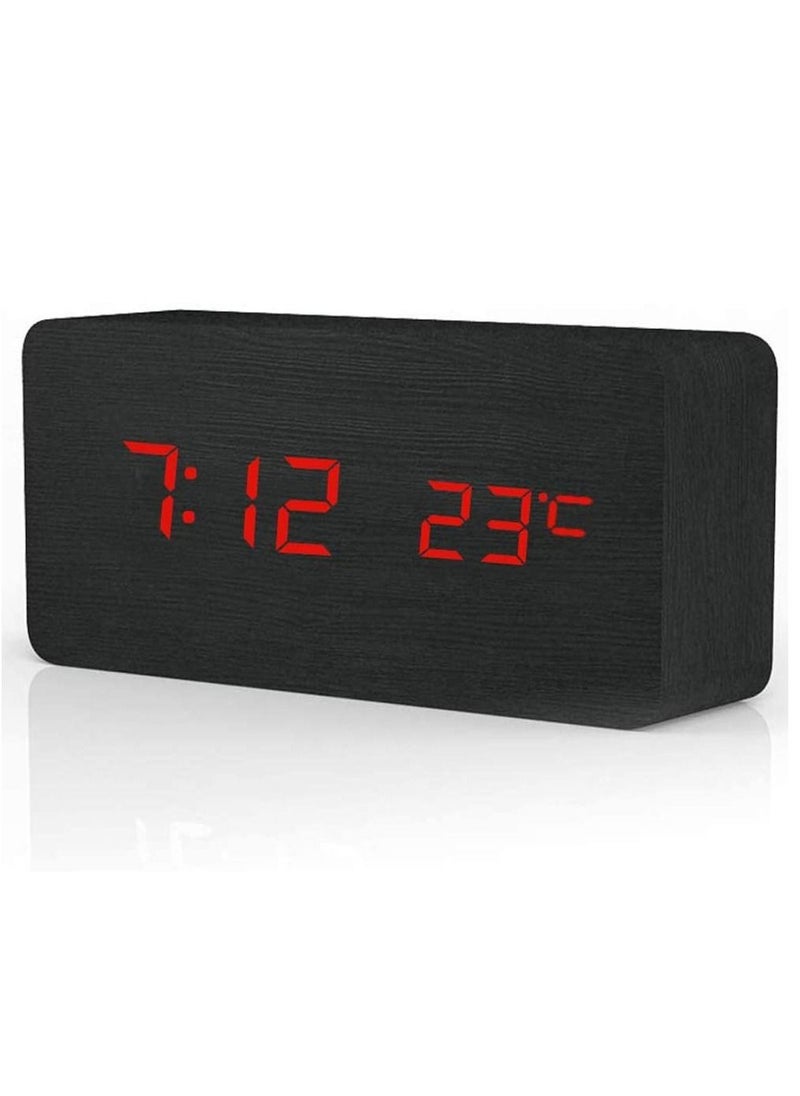 Rubik - Wooden Digital Alarm Clock, Wood LED Adjustable Brightness Voice Control Desk Wooden Alarm Clock with Date/Temperature and USB/Battery Powered for Home, Office, Kids, Black and Red - Image 1