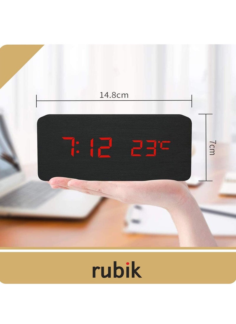 Rubik - Wooden Digital Alarm Clock, Wood LED Adjustable Brightness Voice Control Desk Wooden Alarm Clock with Date/Temperature and USB/Battery Powered for Home, Office, Kids, Black and Red - Image 1