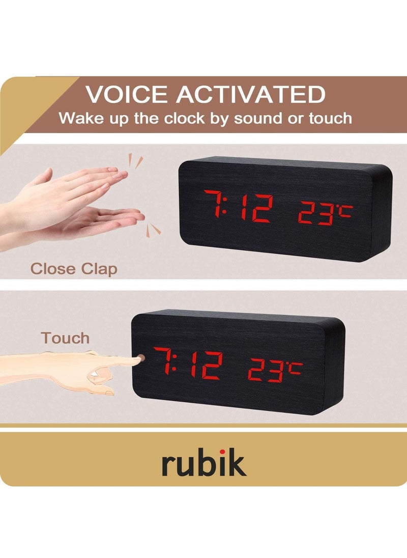 Rubik - Wooden Digital Alarm Clock, Wood LED Adjustable Brightness Voice Control Desk Wooden Alarm Clock with Date/Temperature and USB/Battery Powered for Home, Office, Kids, Black and Red - Image 1
