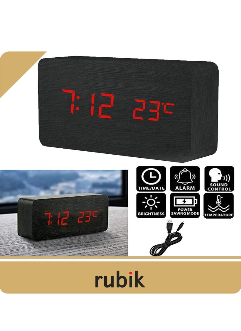 Rubik - Wooden Digital Alarm Clock, Wood LED Adjustable Brightness Voice Control Desk Wooden Alarm Clock with Date/Temperature and USB/Battery Powered for Home, Office, Kids, Black and Red - Image 1