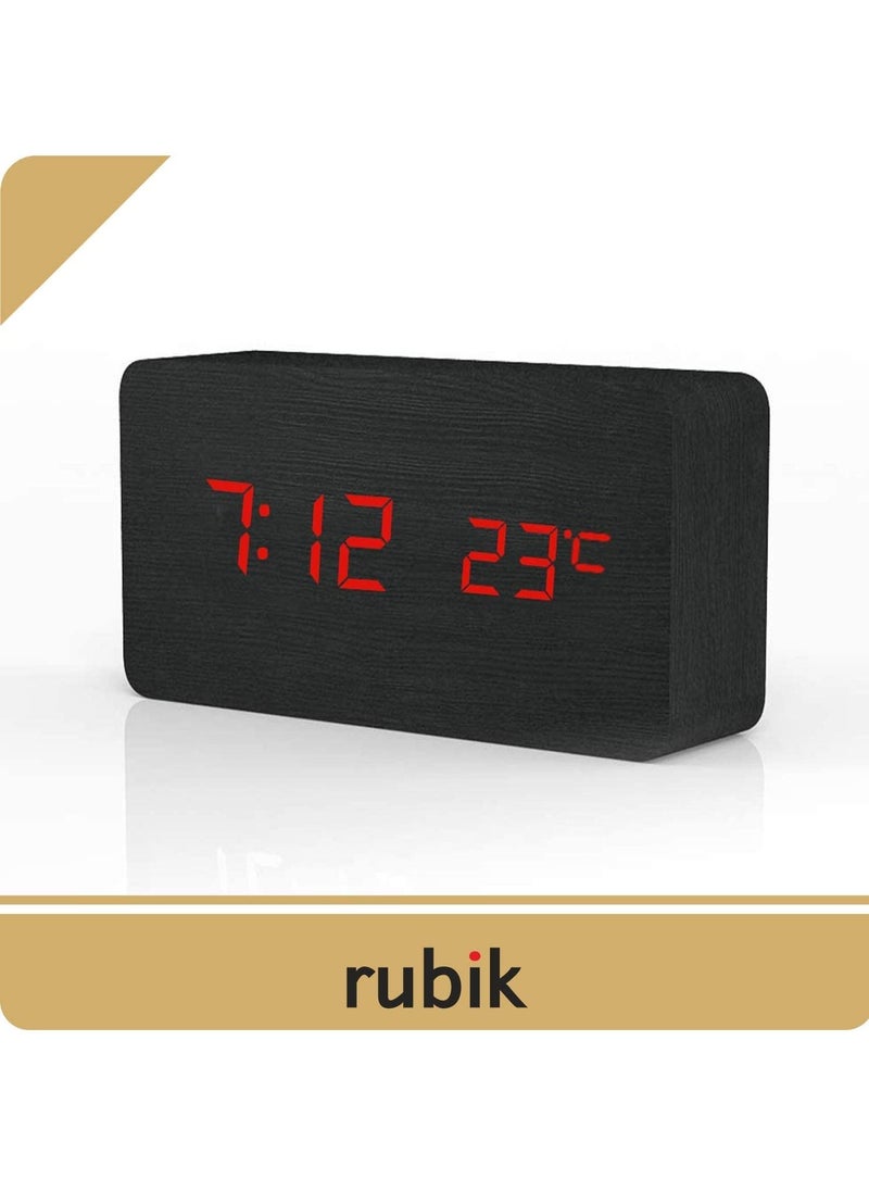Rubik - Wooden Digital Alarm Clock, Wood LED Adjustable Brightness Voice Control Desk Wooden Alarm Clock with Date/Temperature and USB/Battery Powered for Home, Office, Kids, Black and Red - Image 1
