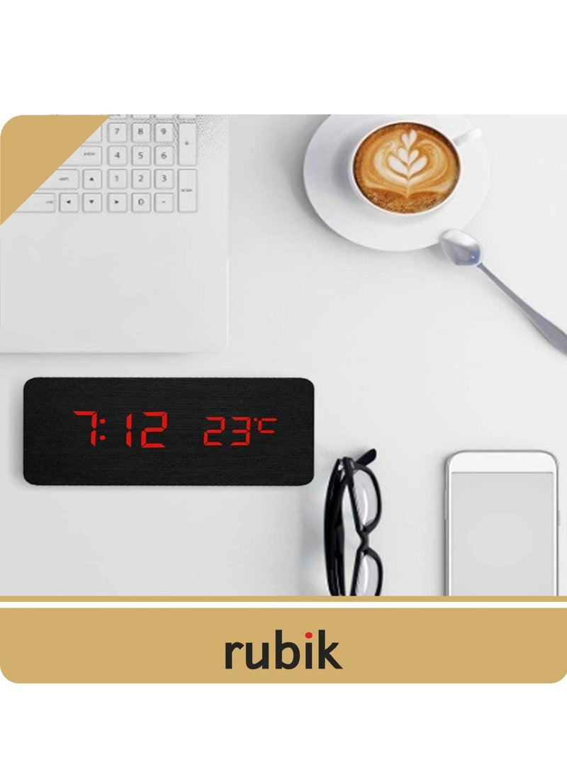 Rubik - Wooden Digital Alarm Clock, Wood LED Adjustable Brightness Voice Control Desk Wooden Alarm Clock with Date/Temperature and USB/Battery Powered for Home, Office, Kids, Black and Red - Image 1